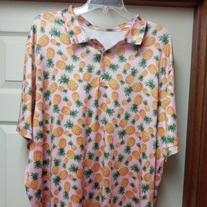 Caddy Cart Golf Polo Shirt Performance Pink Pineapple Print Men's 2XL